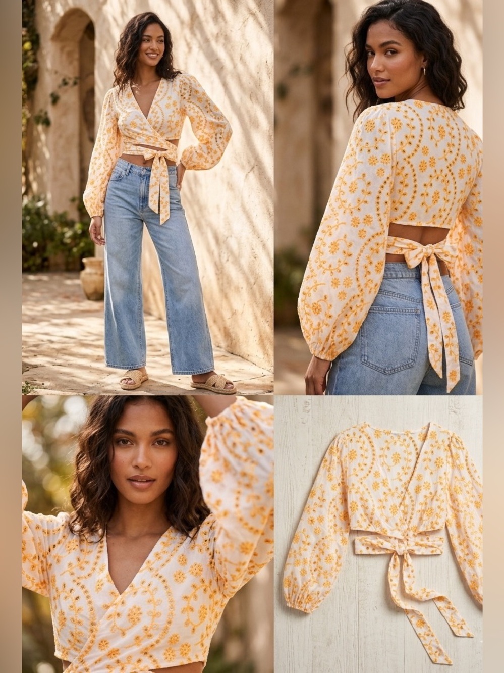 SHEIN Yellow Floral Eyelet Lace Wrap Crop Top